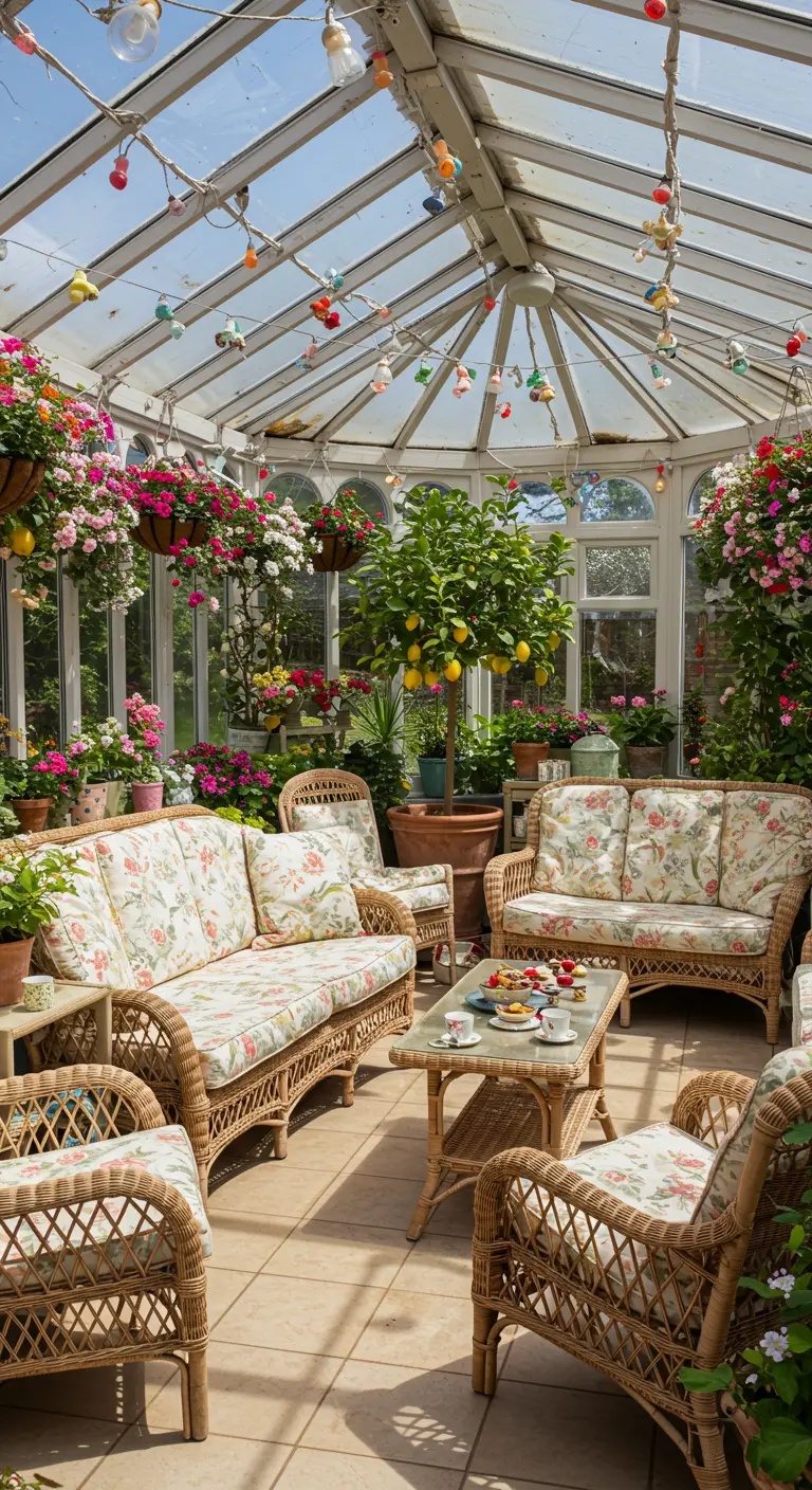 Jardin d'hiver rempli de plantes tropicales, mobilier en rotin et guirlandes lumineuses colorées au plafond.