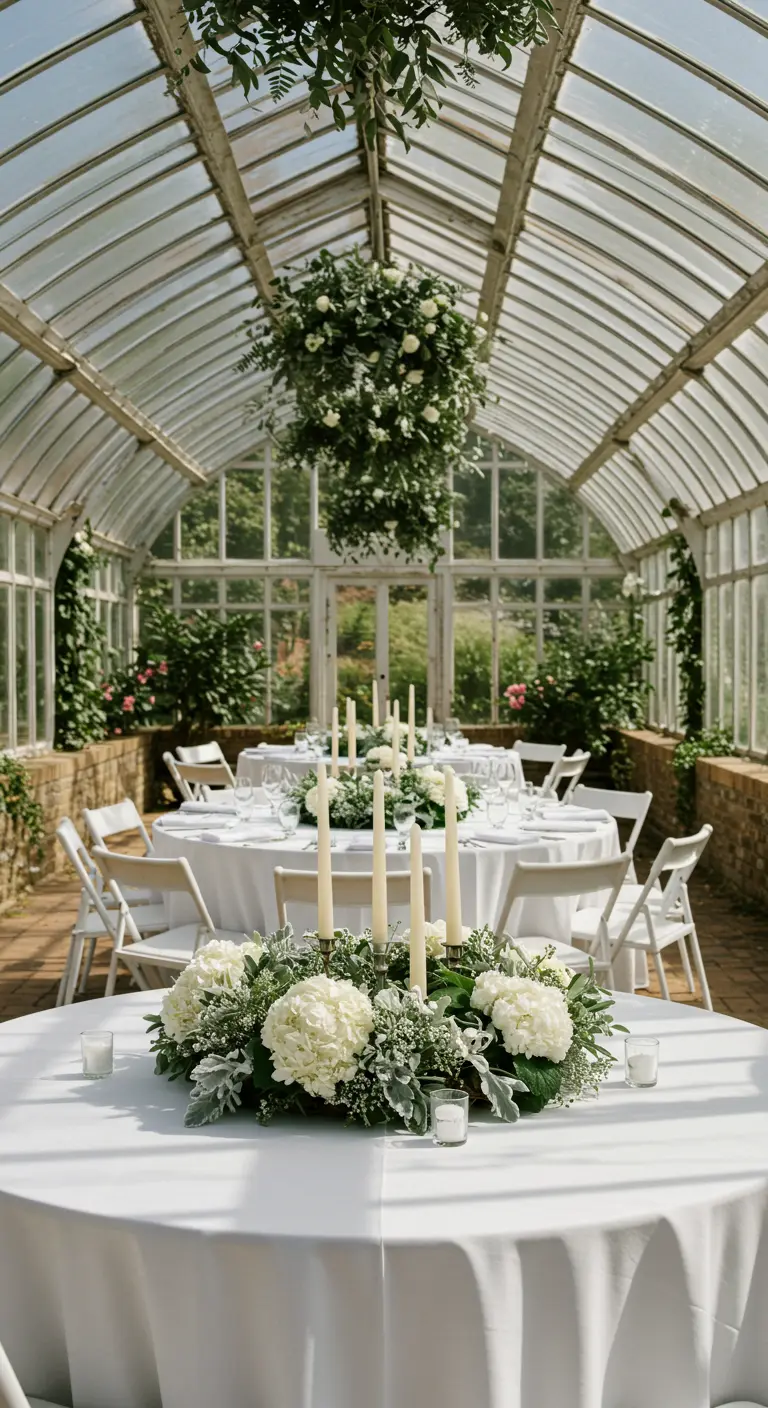 Centre de table floral blanc avec hortensias et bougies dans une serre lumineuse