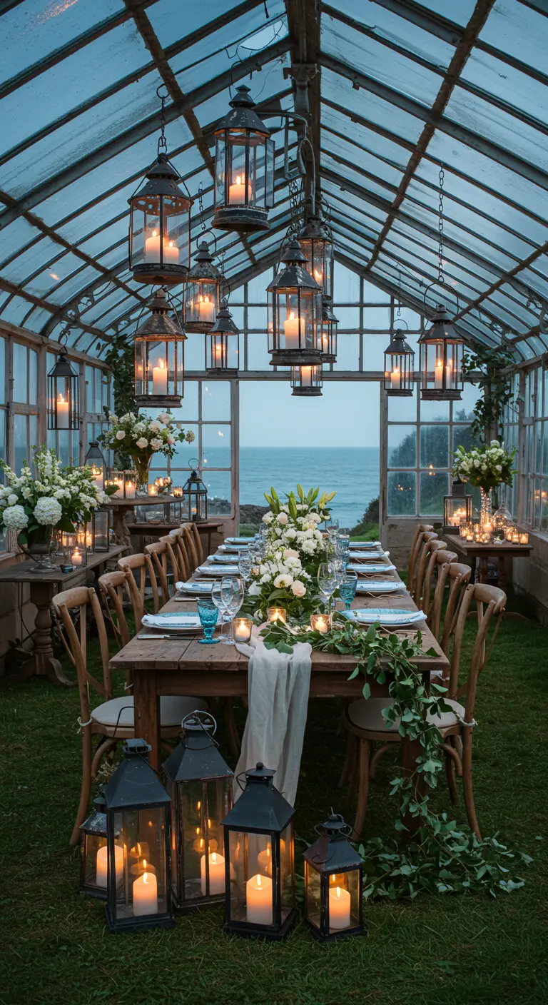 Dîner dans une serre vitrée au bord de la mer, décorée de nombreuses lanternes suspendues et fleurs blanches.