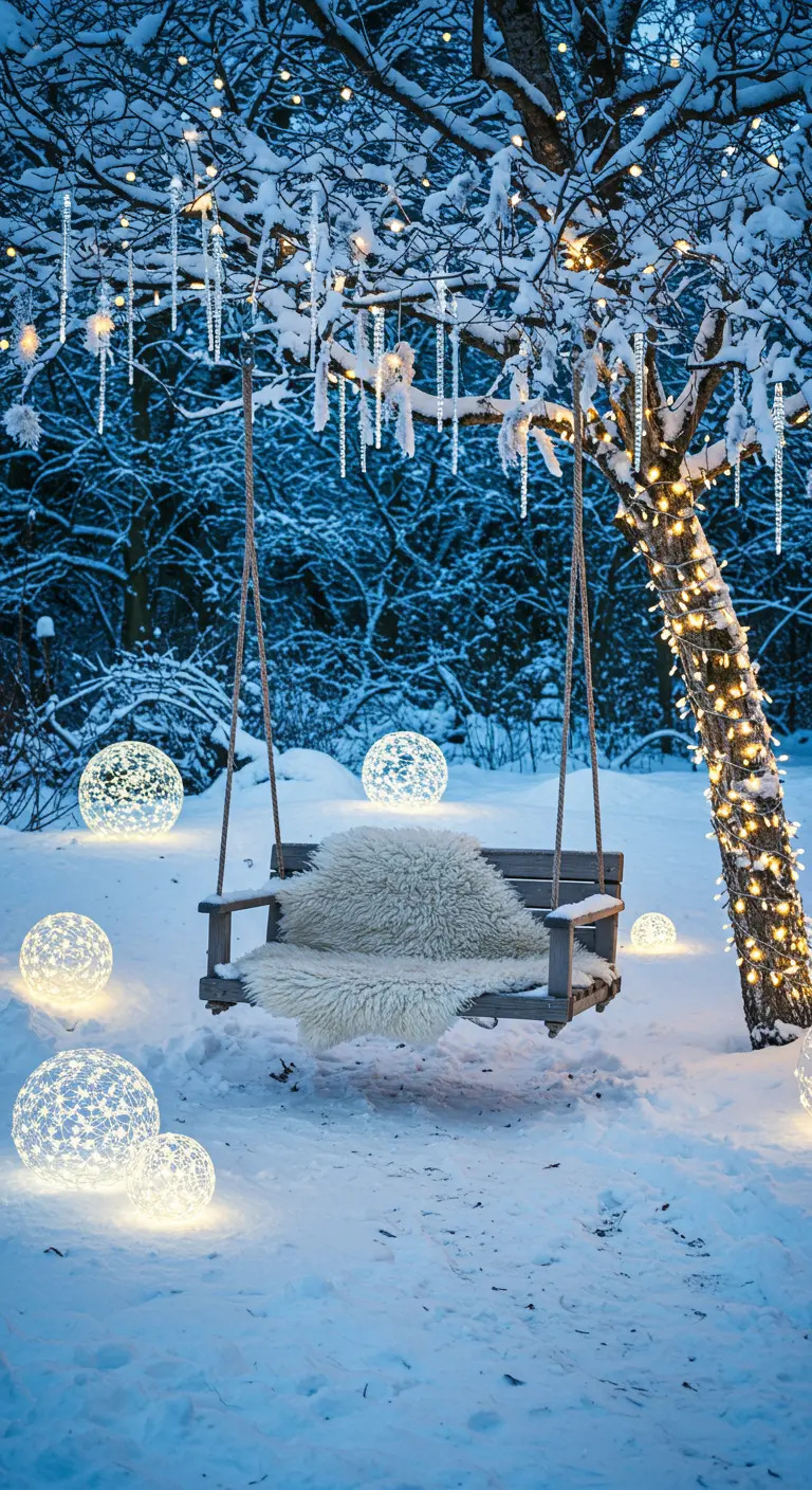 Jardin enneigé avec arbres illuminés, balançoire avec plaid et sphères lumineuses au sol la nuit.