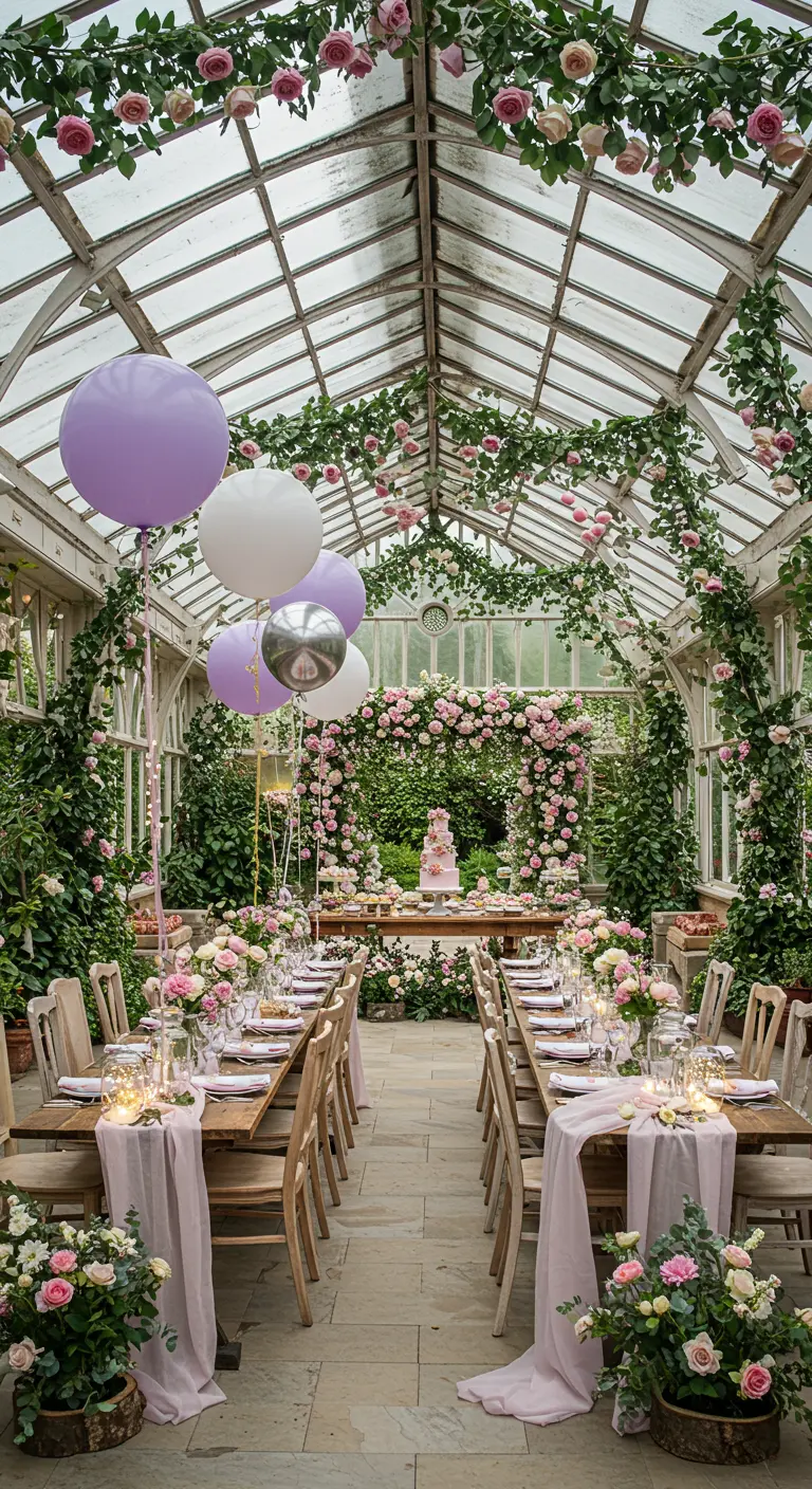 Serre ornée de guirlandes de roses, de ballons lavande et blancs, avec de longues tables en bois décorées.