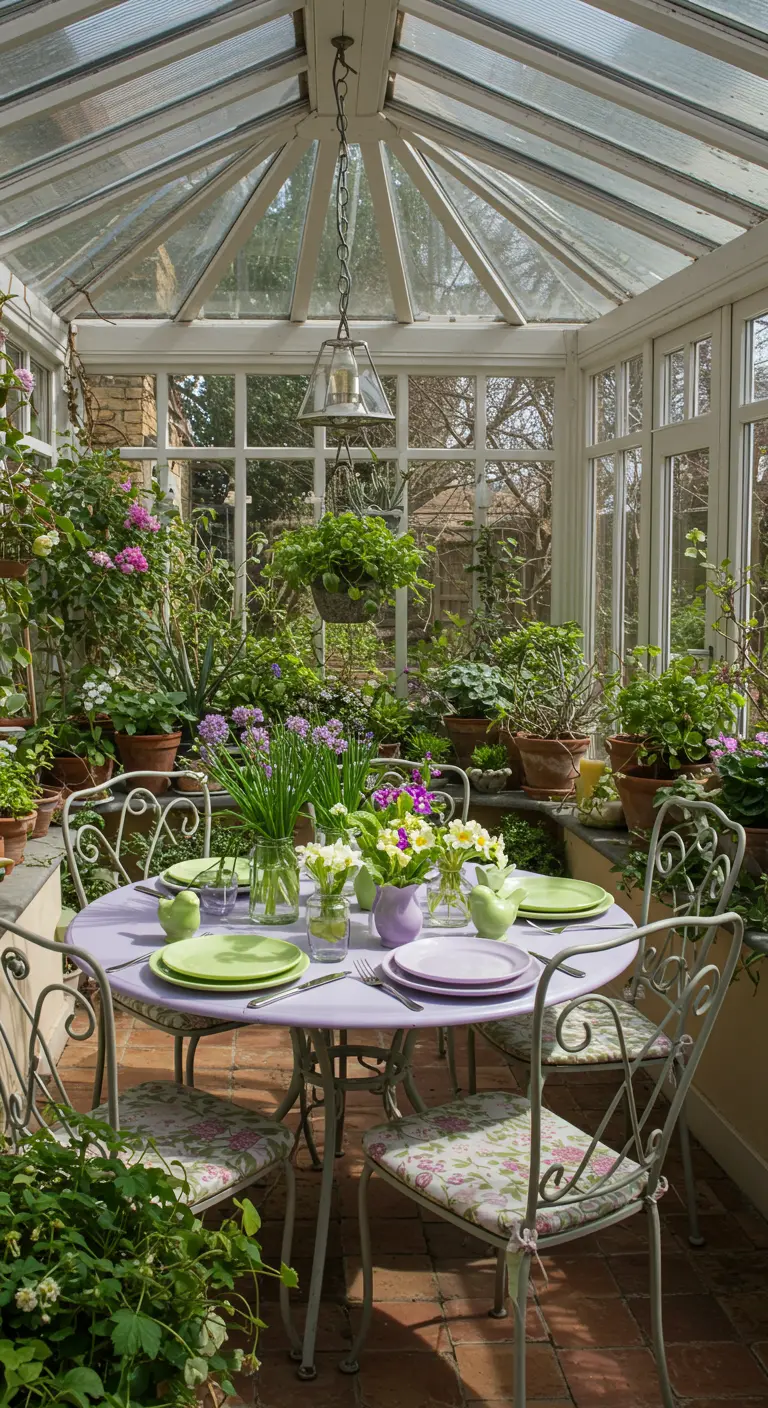 Table ronde lavande dans une véranda pleine de plantes avec des herbes et fleurs printanières.