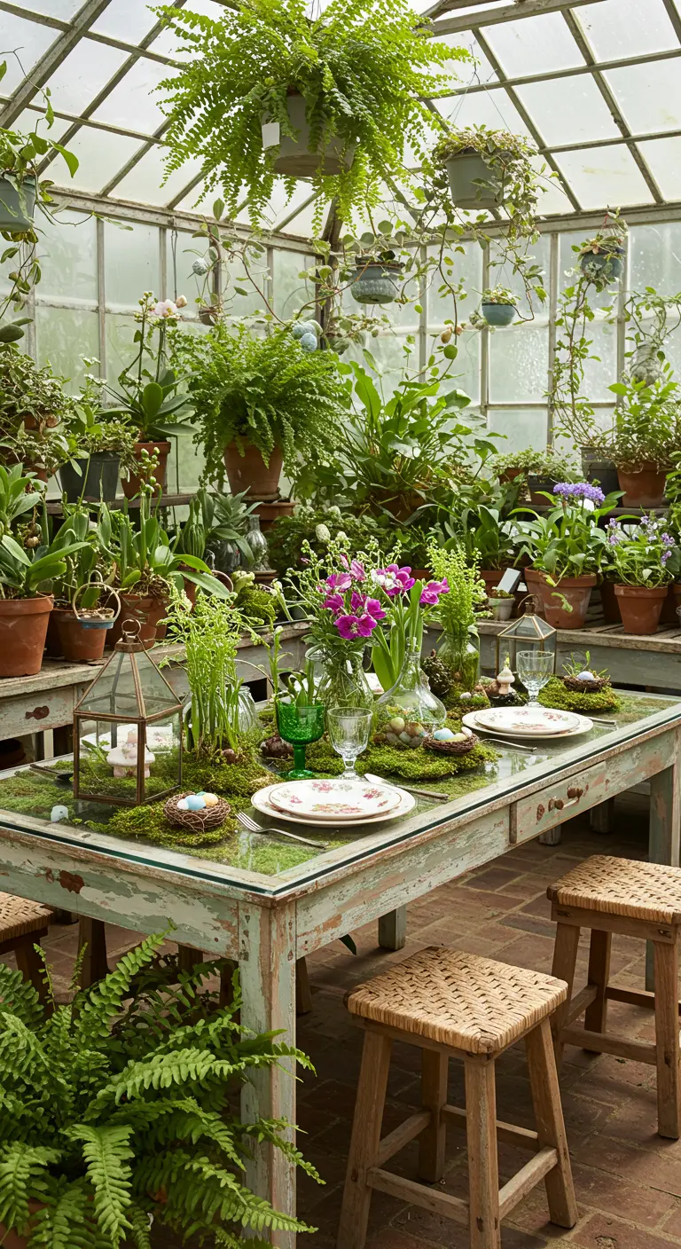 Table de Pâques dans une serre luxuriante avec chemin de table en mousse, œufs décoratifs, lanternes et plantes suspendues.