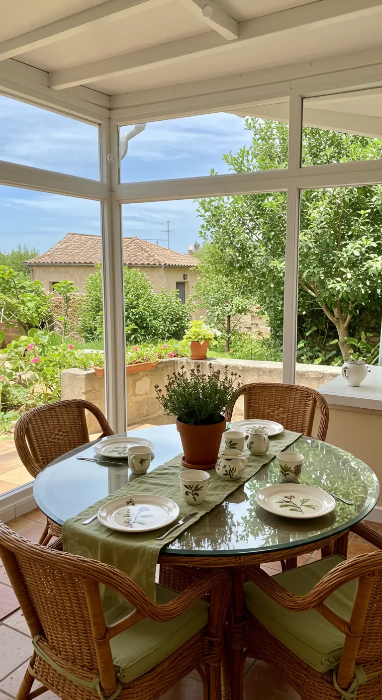Table en verre dans une véranda avec des chaises en rotin.