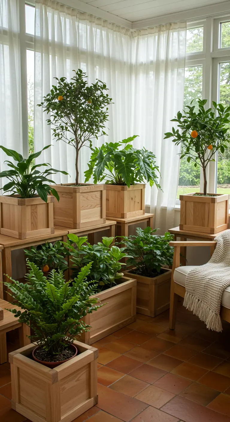 Véranda lumineuse avec plusieurs jardinières carrées en bois contenant des fougères et des orangers.