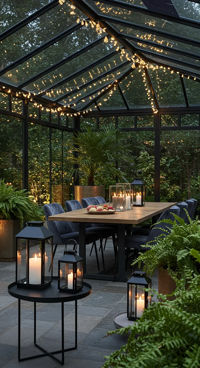 Dîner en véranda avec guirlandes lumineuses au plafond, plantes et lanternes noires élégantes.