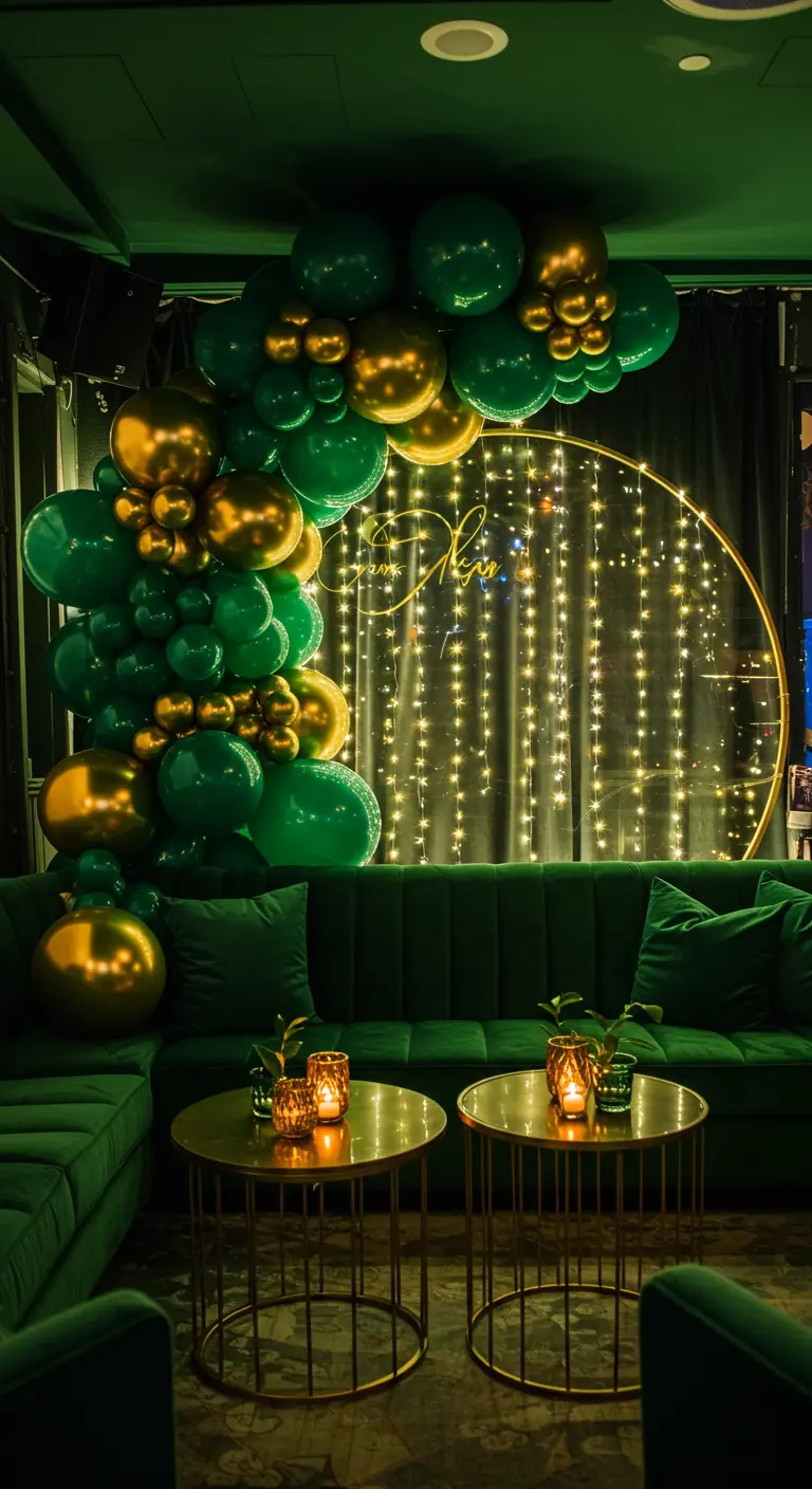 Arche de ballons vert et or dans un salon lounge avec des guirlandes LED.