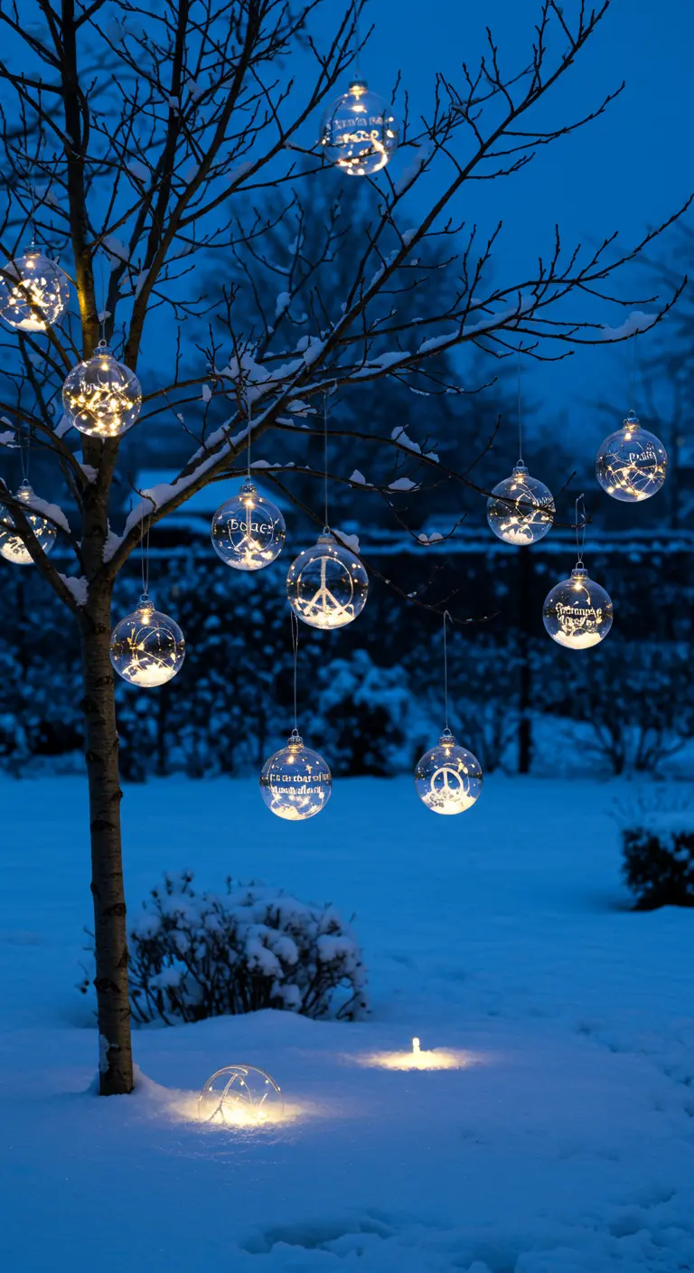 Boules de Noël lumineuses suspendues à un arbre dans un paysage enneigé.