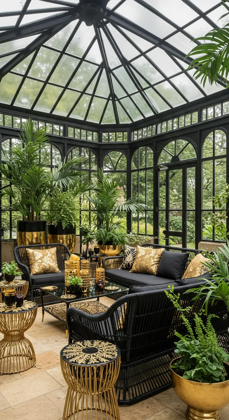 Jardin d'hiver avec canapés en rotin noir, coussins dorés, plantes luxuriantes et tables dorées.
