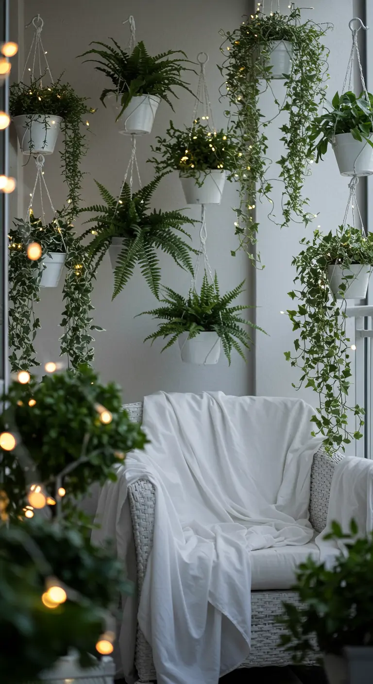 Fauteuil blanc entouré de plantes suspendues illuminées par des micro-LEDs.