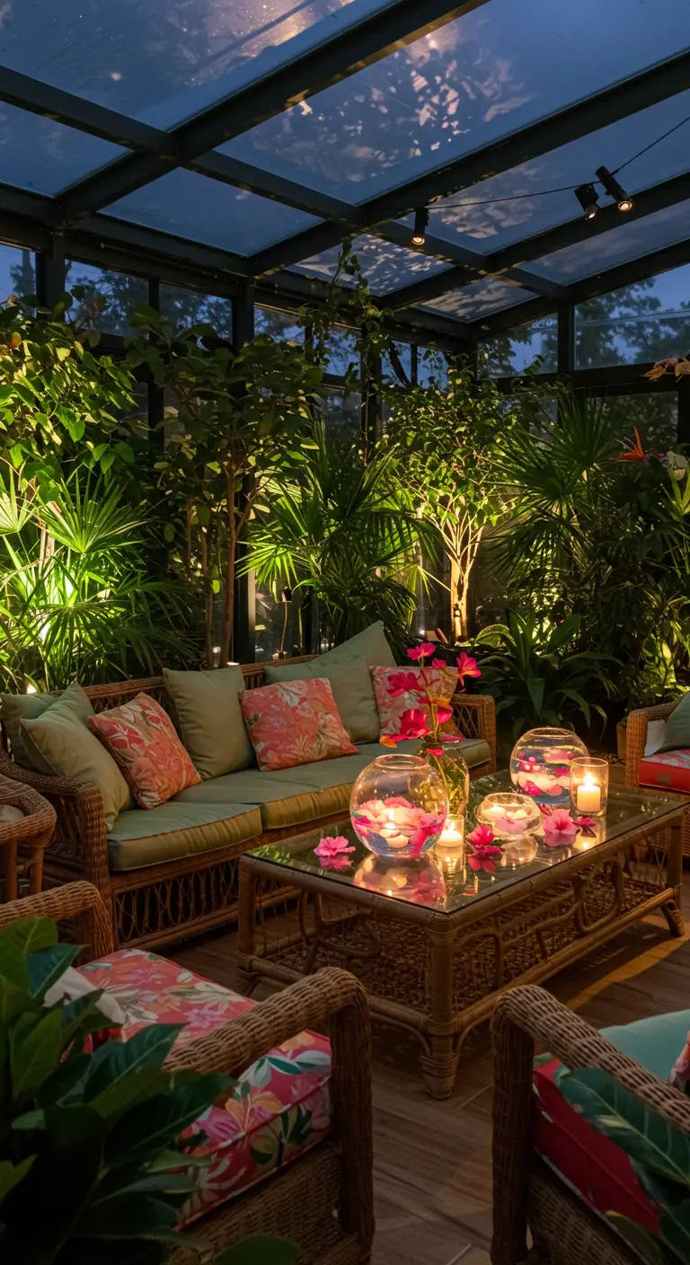 Véranda luxuriante avec plantes tropicales, table basse en rotin et bols en verre avec bougies flottantes.