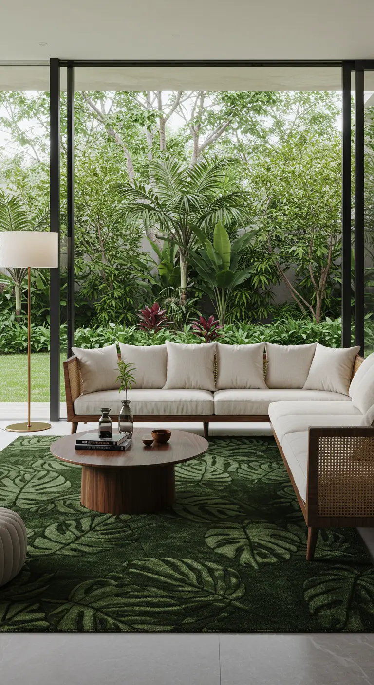Canapé en bois et cannage devant une baie vitrée, sur un tapis vert à motif de feuilles.