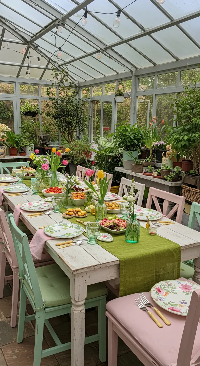Longue table de serre décorée de petits bouquets de fleurs fraîches et de vaisselle printanière.