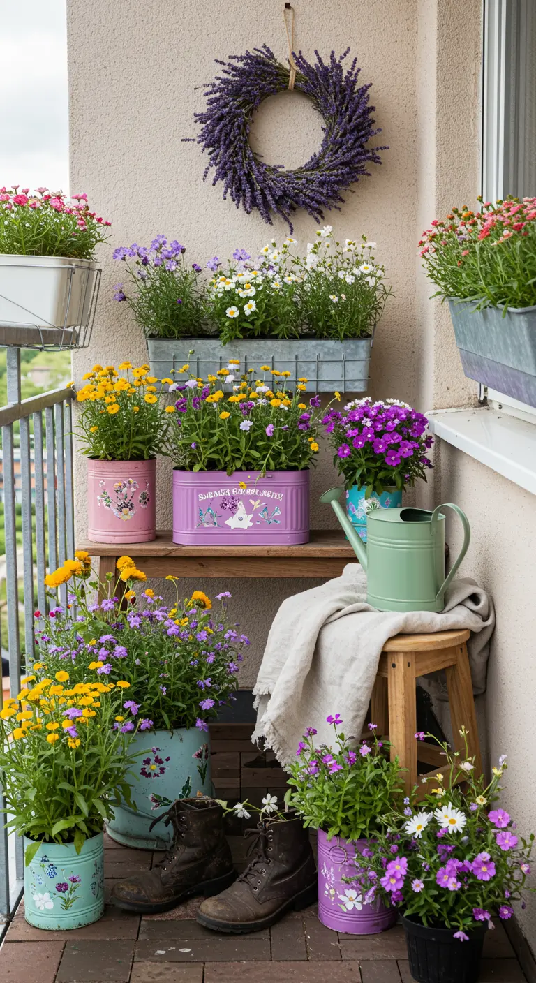 Coin fleuri sur un balcon avec des pots vintage et une couronne de lavande.