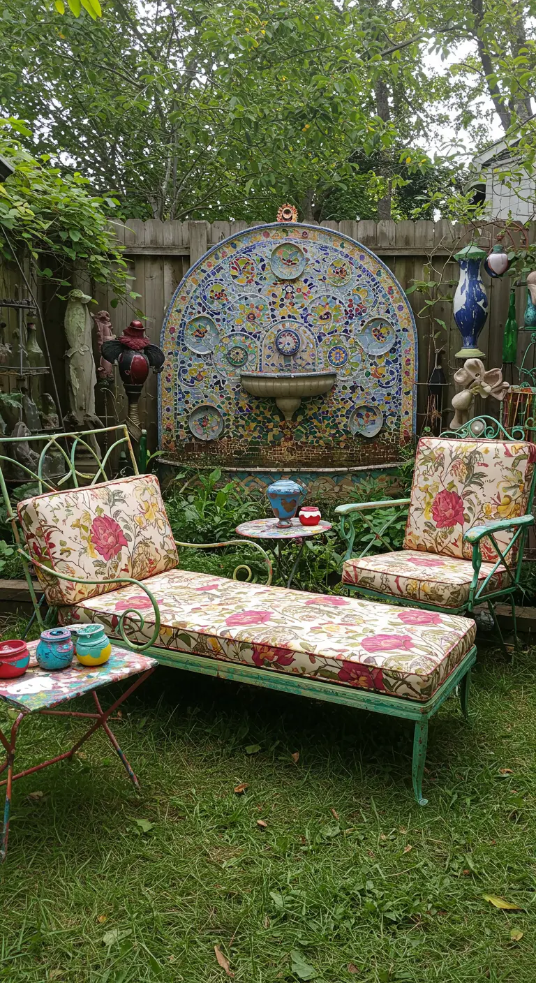 Jardin éclectique avec une fontaine en mosaïque de vaisselle cassée et du mobilier vintage.