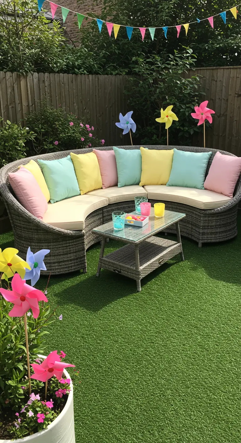 Canapé de jardin incurvé avec un assortiment de coussins pastel de toutes les couleurs.