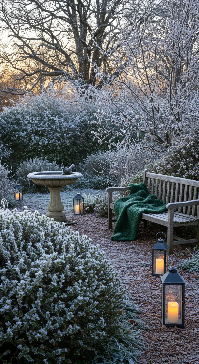 Jardin givré avec un banc en bois, un plaid vert et des lanternes au sol.