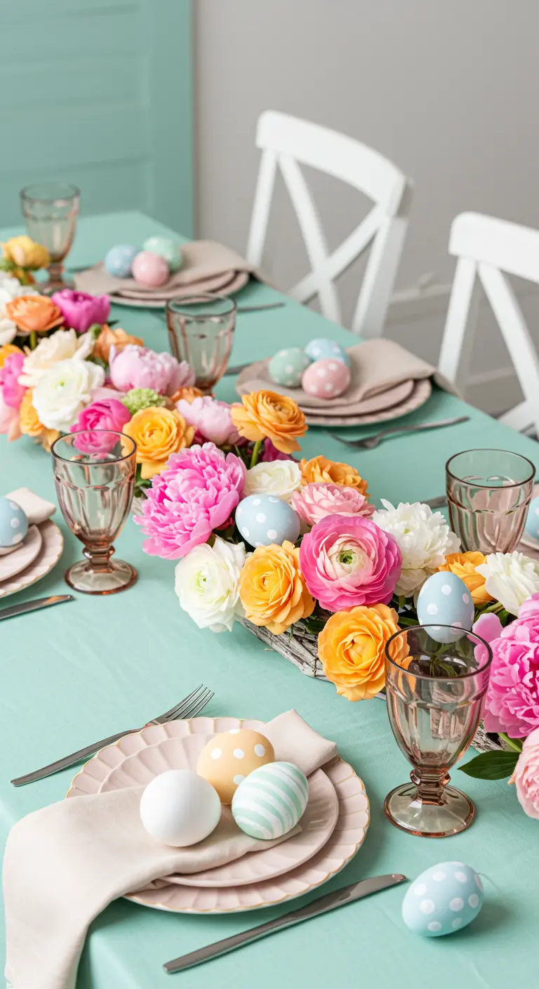 Centre de table floral luxuriant avec des pivoines, des renoncules et des œufs pastel.