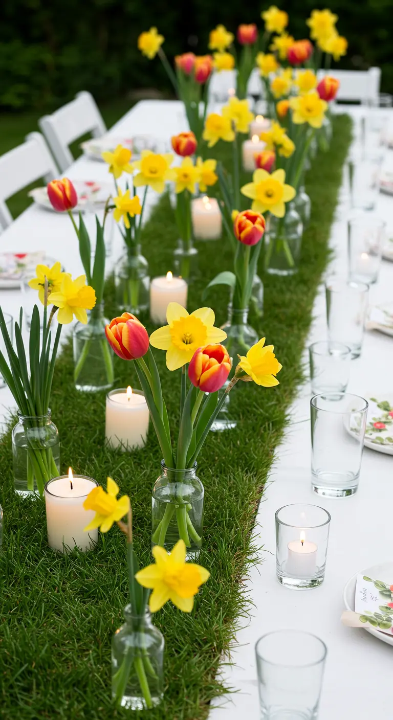 Chemin de table en gazon véritable avec tulipes, jonquilles et bougies.
