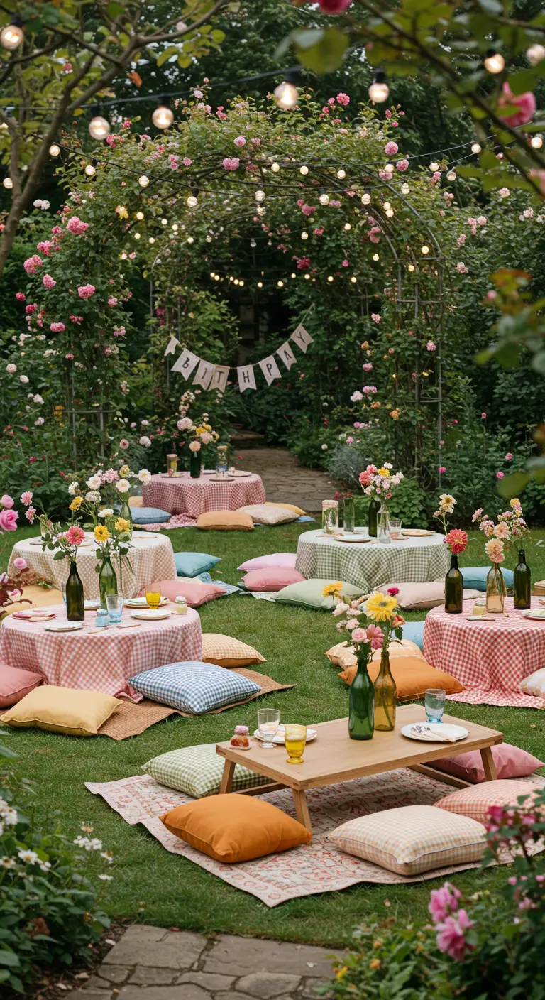 Pique-nique dans un jardin de roses, nappes vichy colorées et coussins.