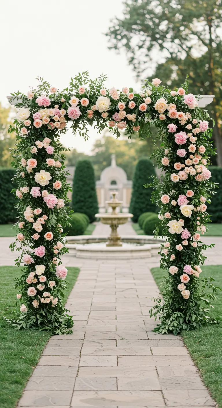 Arche de jardin classique couverte de roses roses et crèmes luxuriantes.