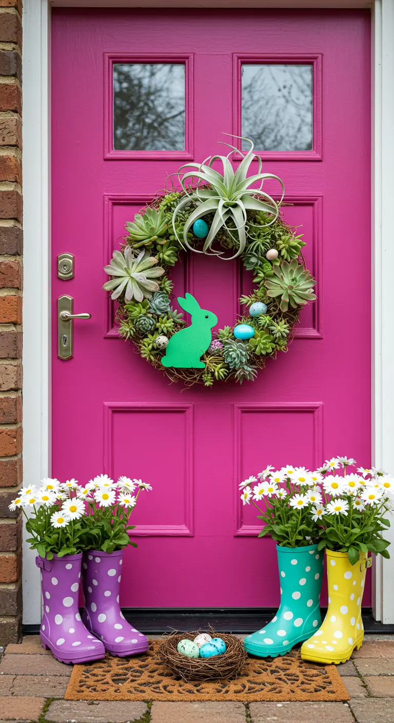 Couronne de succulentes avec un lapin vert vif sur une porte fuchsia.