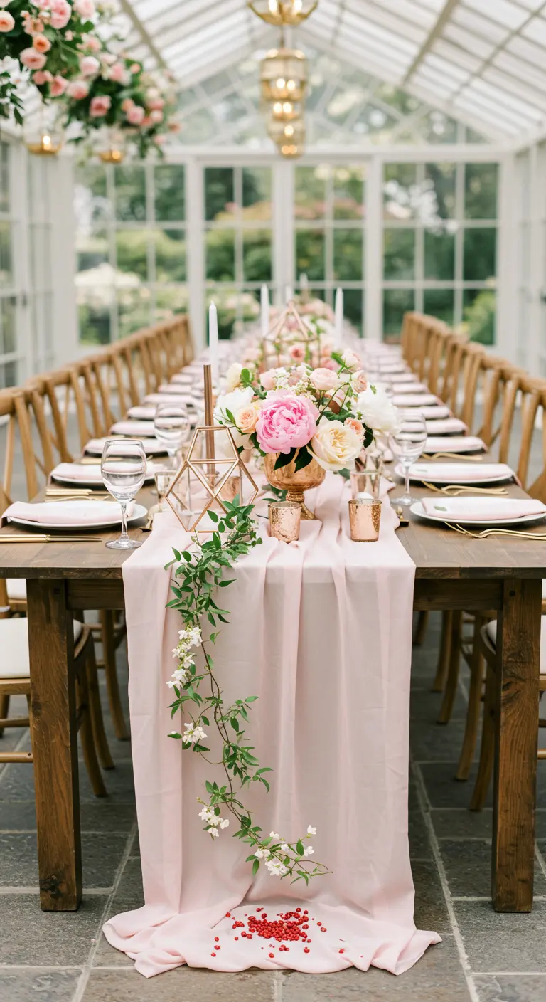Table de mariage dans une serre avec chemin de table rose et pivoines.