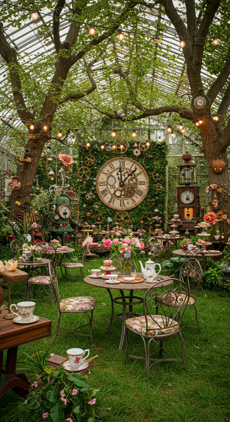 Jardin bucolique décoré Steampunk avec tables de goûter, horloges géantes sur mur végétal et fleurs fraîches.