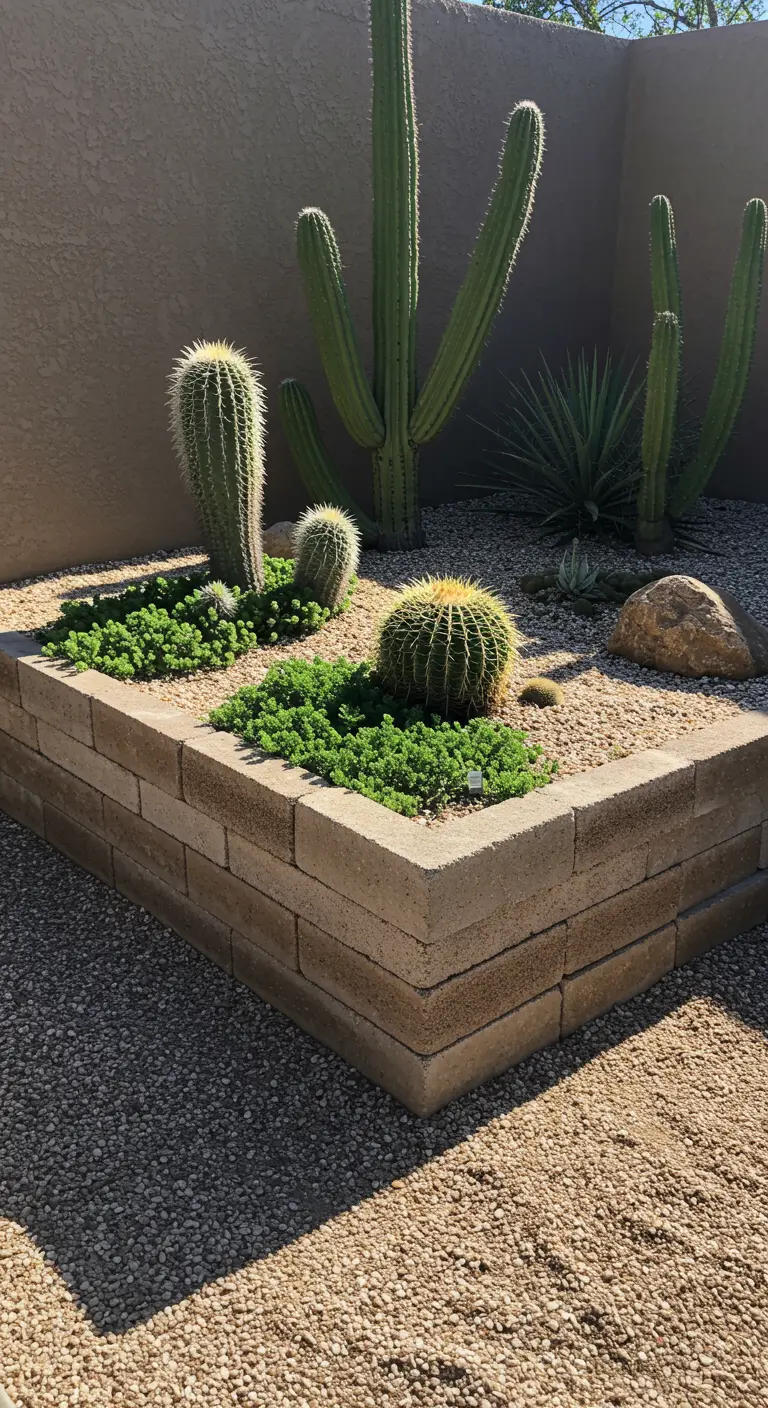 Massif de jardin surélevé en blocs de béton, rempli de grands cactus, de succulentes couvre-sol et de gravier.