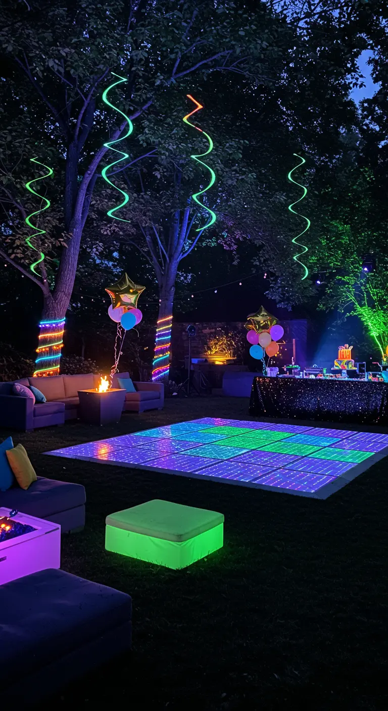 Jardin éclairé pour une fête nocturne avec des arbres enveloppés de lumières, une piste de danse lumineuse et des poufs colorés.