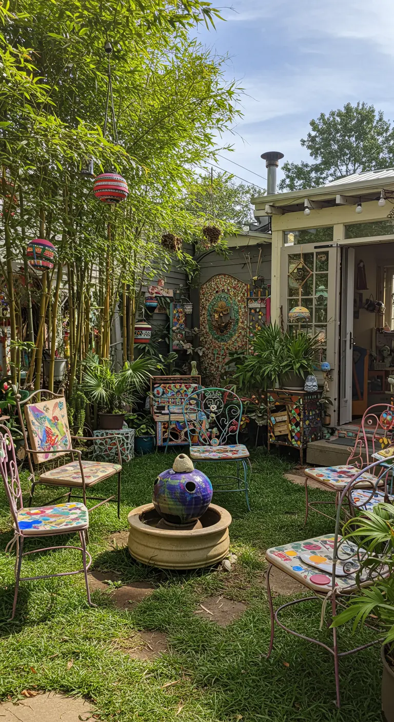 Jardin éclectique avec mobilier en mosaïque, lanternes suspendues et bambou luxuriant.