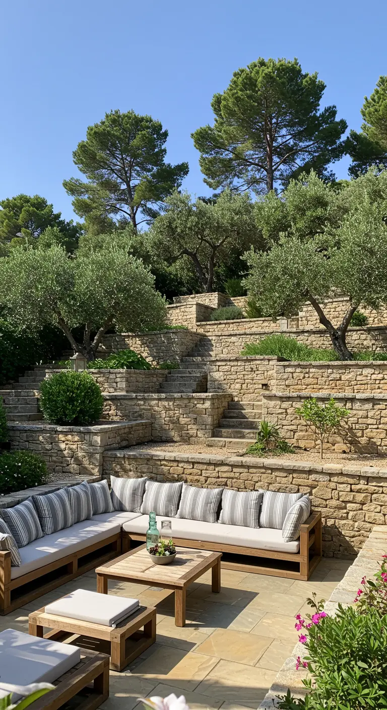 Jardin en terrasses avec des murs en pierre, des oliviers et un coin salon en contrebas.