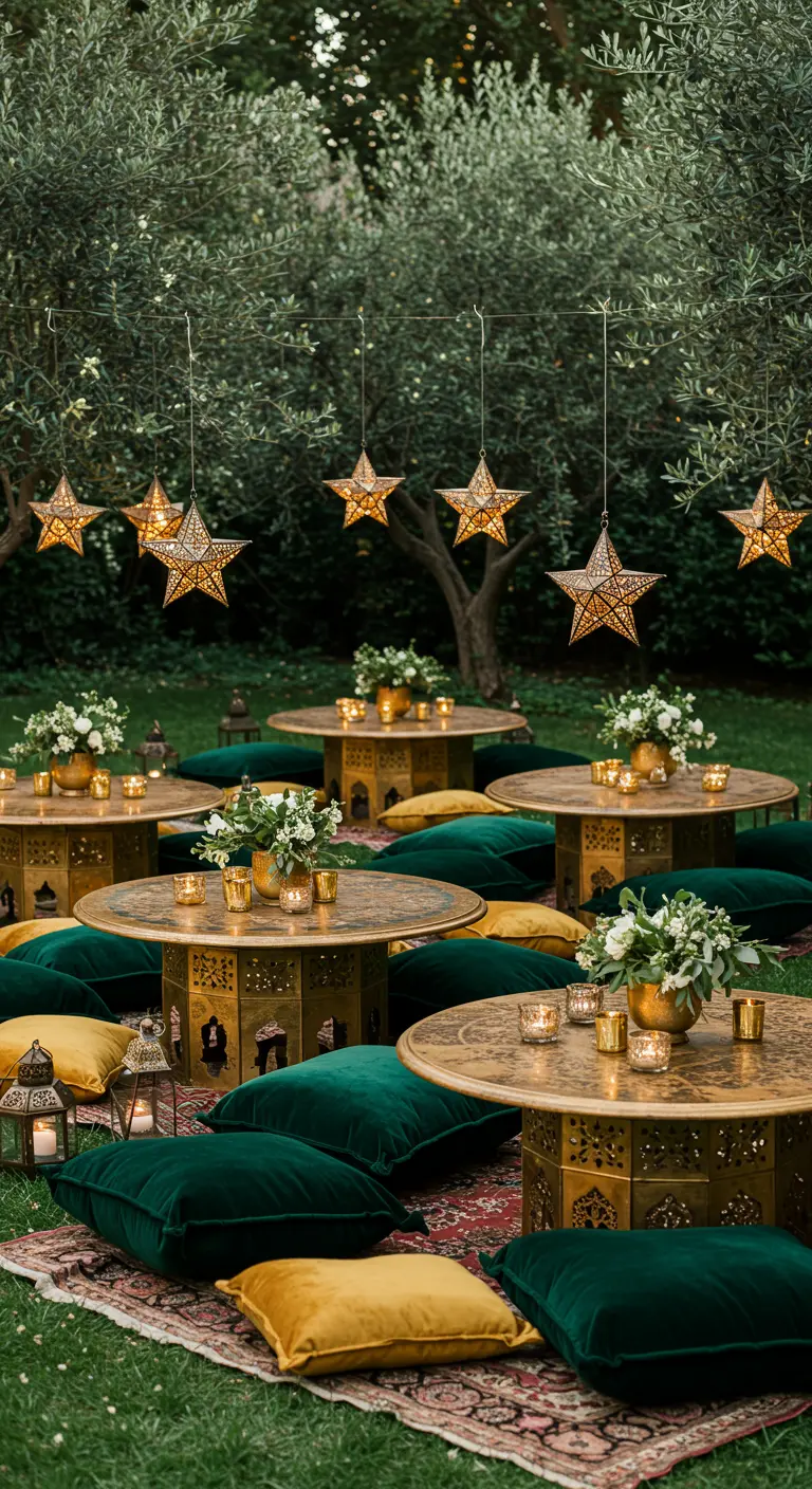 Dîner marocain en extérieur, tables basses, coussins verts et jaunes, étoiles lumineuses suspendues.