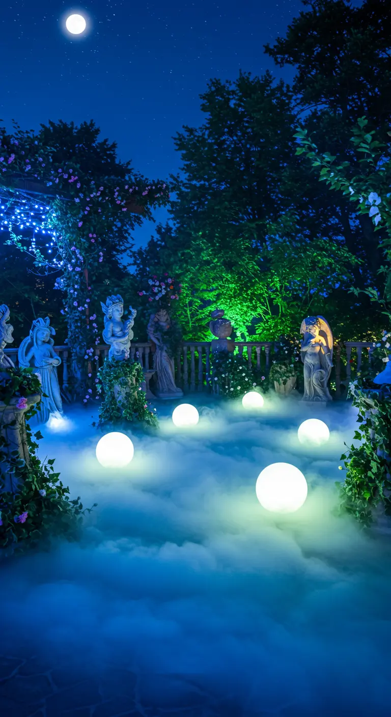 Jardin enchanté la nuit avec statues, boules lumineuses flottantes, brume et éclairage coloré.