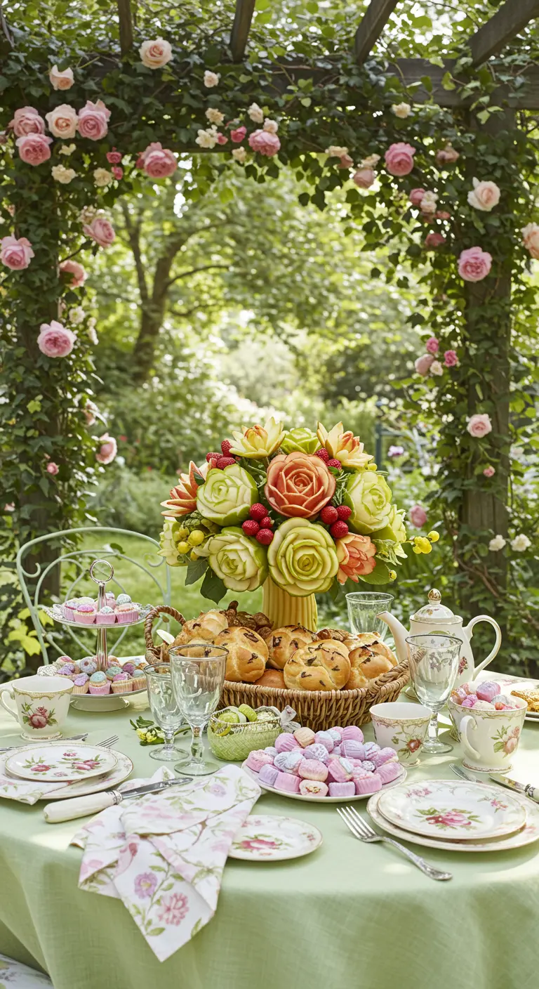 Tea party dans un jardin fleuri avec centre de table de roses sculptées en fruits et pâtisseries.