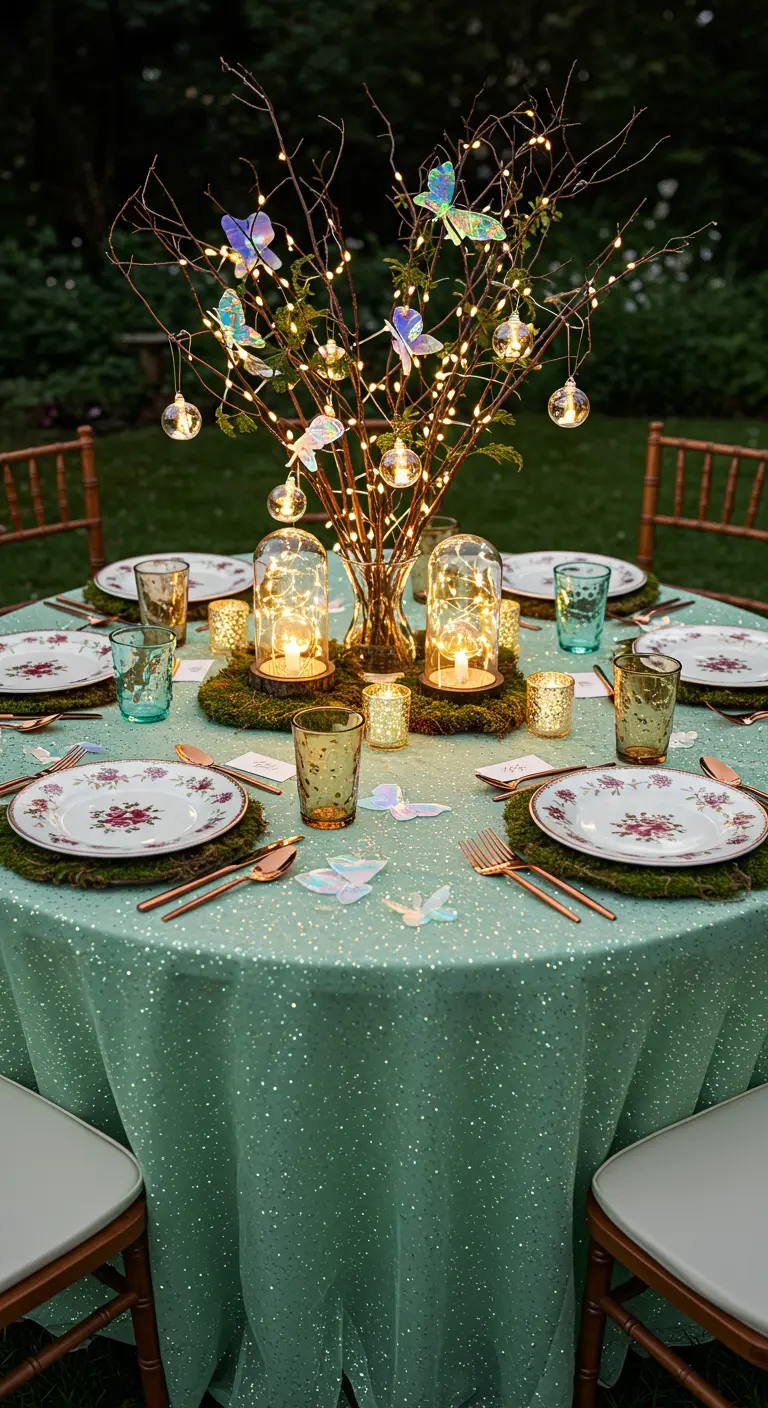 Table de jardin printanière avec nappe verte pailletée, branches lumineuses et papillons décoratifs.