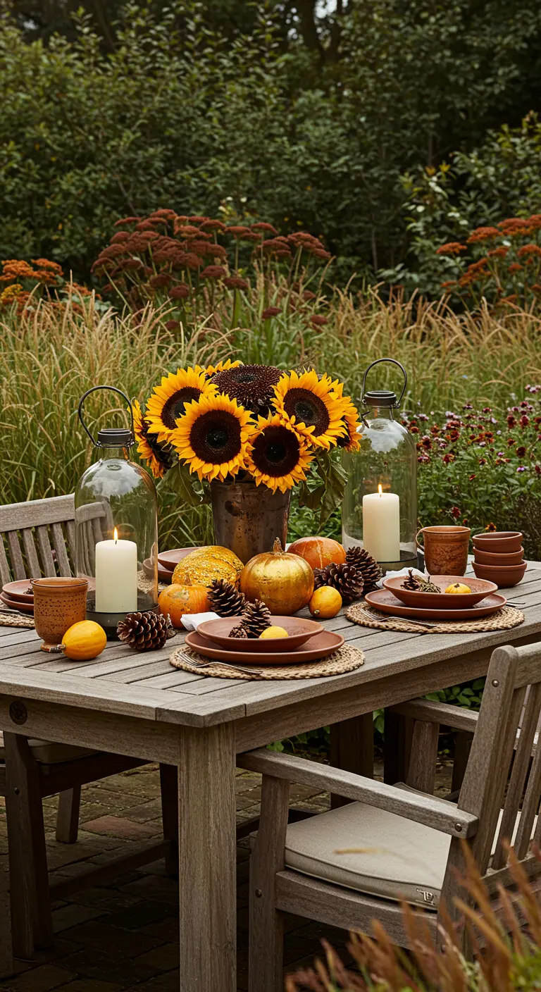 Une table de jardin en bois avec un bouquet de tournesols, des citrouilles, des pommes de pin et des lanternes.