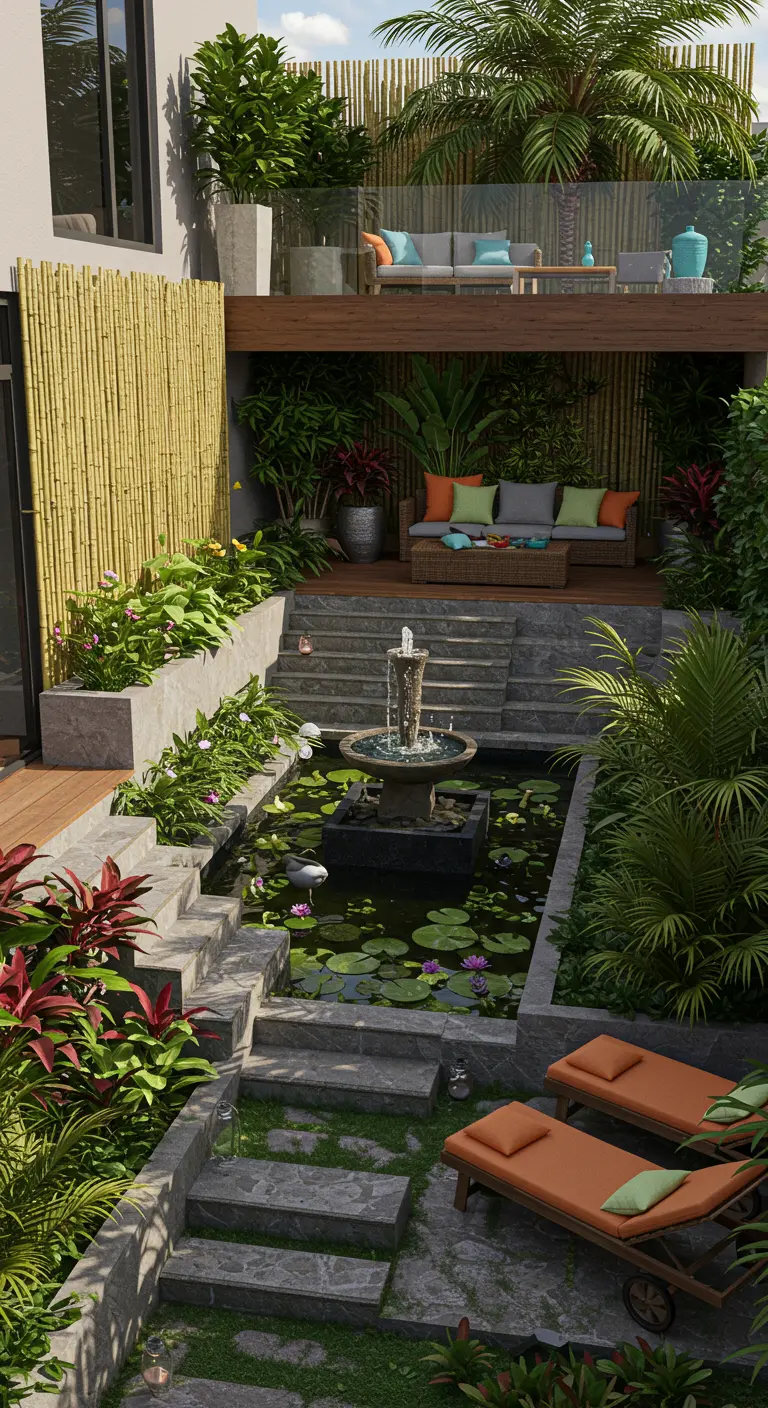 Jardin tropical à plusieurs niveaux avec étang, fontaine, escaliers et terrasse supérieure.