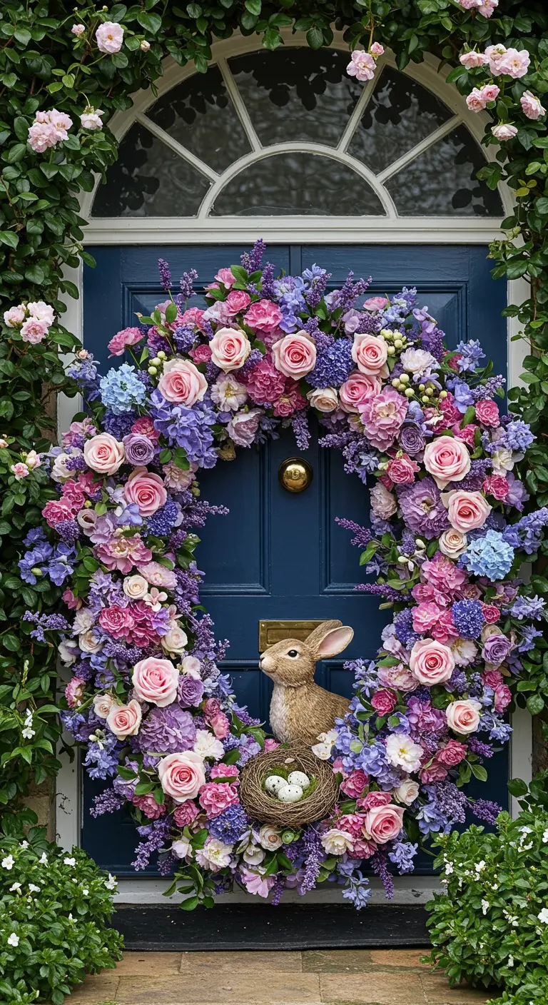 Porte d'entrée encadrée par une arche de fleurs roses et violettes.