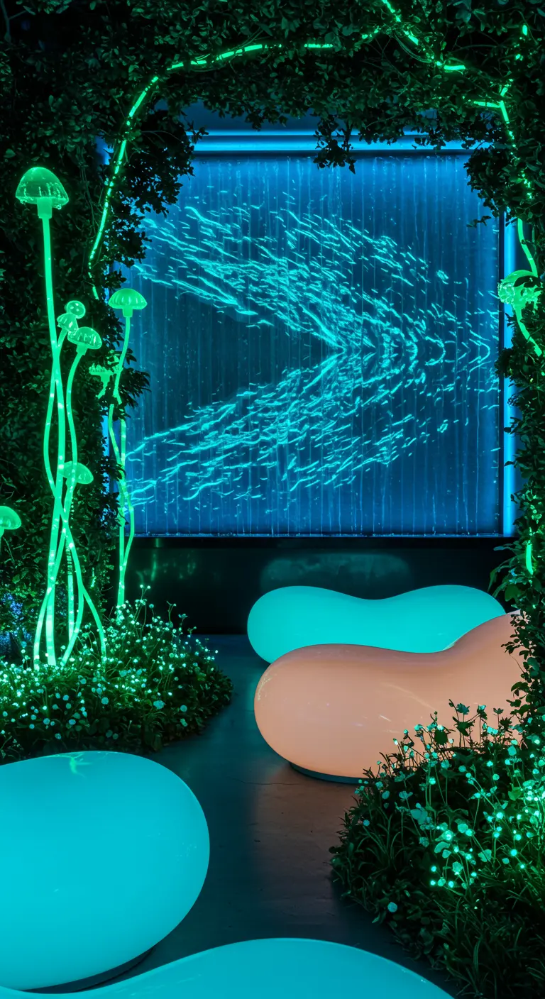 Jardin futuriste avec mur d'eau numérique et mobilier lumineux.