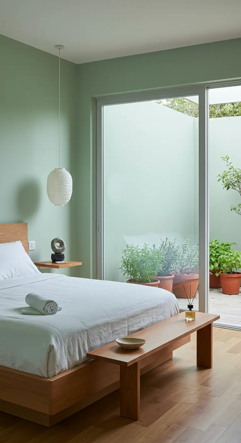 Chambre minimaliste verte avec lit en bois, suspension blanche et jardin intérieur visible.