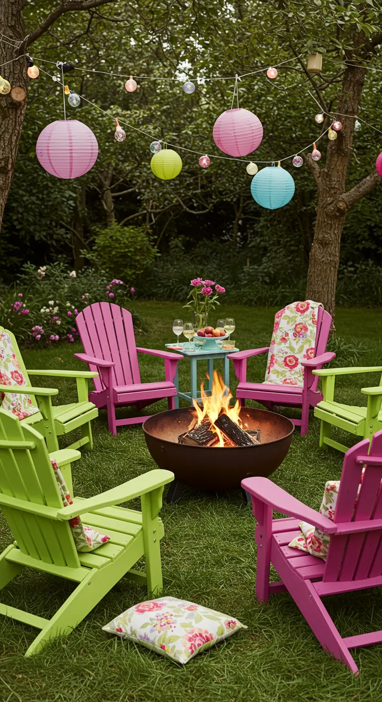 Jardin coloré avec fauteuils Adirondack fuchsia et vert anis, lampions et brasero