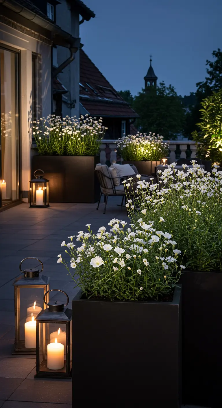 Terrasse de nuit avec des jardinières sombres remplies de fleurs blanches et des lanternes.