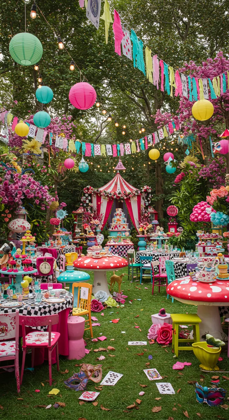 Jardin décoré sur le thème d'Alice au Pays des Merveilles avec tables colorées, lampions et guirlandes.