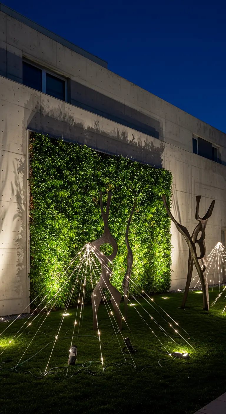 Jardin moderne avec mur végétal éclairé et sculptures métalliques entourées de guirlandes lumineuses.