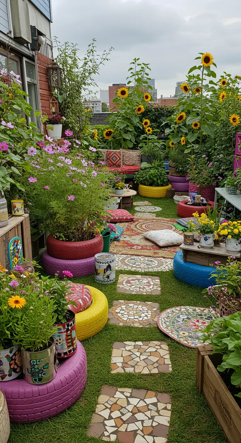 Jardin avec pneus colorés comme jardinières, chemin en mosaïque, tournesols et plantes fleuries