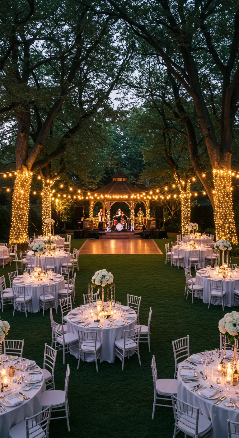 Une réception en plein air la nuit, avec des arbres illuminés par des guirlandes.