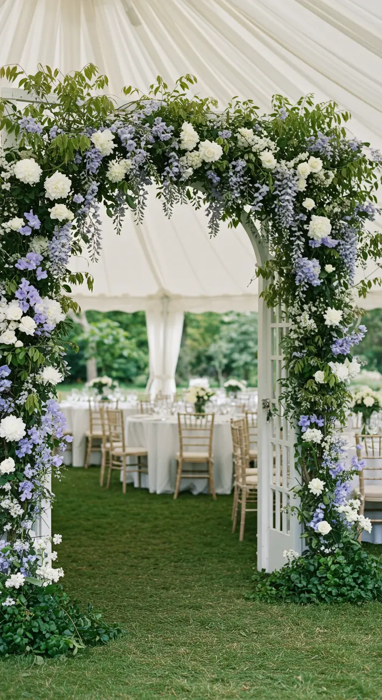 Arche blanche ornée de glycine violette, de roses blanches et de feuillage vert à l'entrée d'une tente de réception.