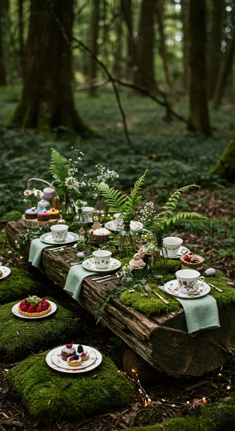 Scène de thé de Pâques intime en forêt, sur une bûche recouverte de mousse, avec vaisselle vintage et fleurs printanières.