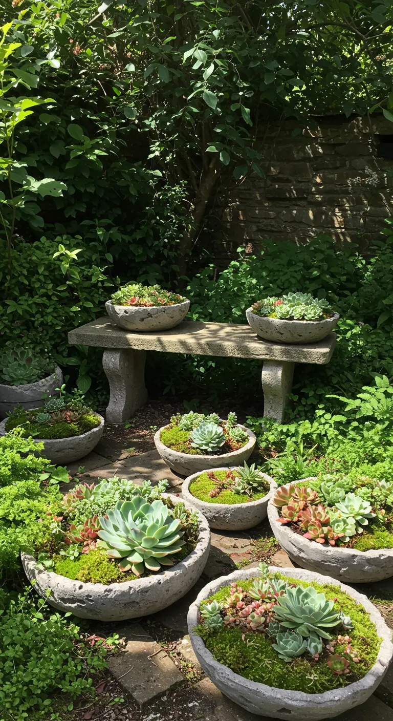 Bols en béton rugueux remplis de succulentes et de mousse, disposés autour d'un banc en pierre dans un jardin verdoyant.
